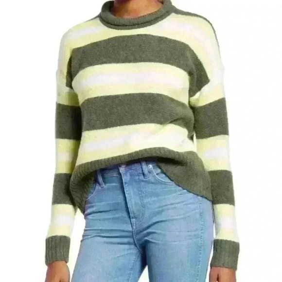 Madewell Striped Fulton Sweater Small Wool Alpaca Green/Yellow Stripe - Picture 1 of 5